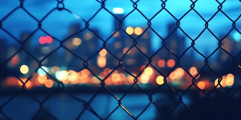 Aerial view of a vibrant cityscape framed by a chain link fence, highlighting urban architecture and green spaces in a dynamic environment.