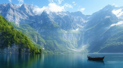 Obraz premium A serene boat floats on calm waters, surrounded by majestic mountains, creating a picturesque landscape that embodies tranquility and natural beauty.