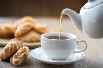 Close up of coffee pouring from white teapot into cup with pastries on wooden table
