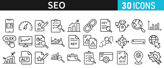 SEO icon set for web. Search Engine Optimization. Graph, traffic, optimization, analysis, target. Search Engine, chart and Marketing icons for web and mobile app.