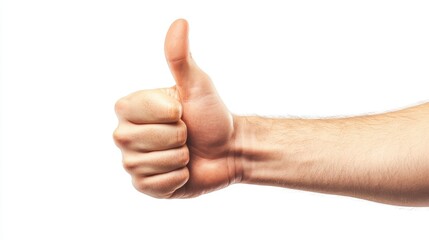 A strong male hand giving a firm thumbs-up, positioned centrally against a white background, ideal for positive messaging.