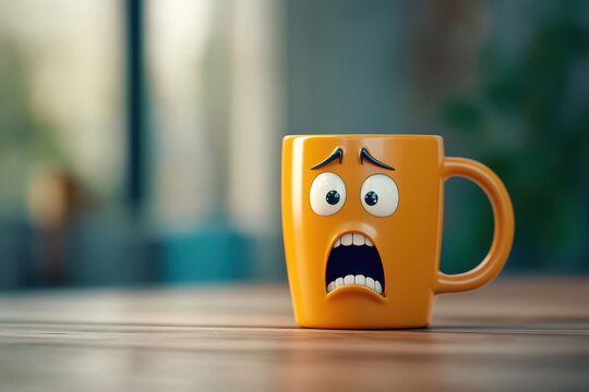 3d render of funny orange mug with scared face, cartoon style