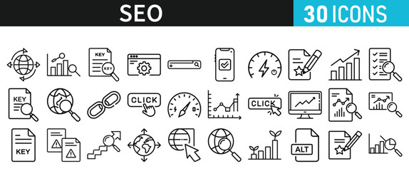 SEO icon set for web. Search Engine Optimization. Graph, traffic, optimization, analysis, target. Search Engine, chart and Marketing icons for web and mobile app.