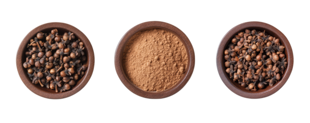 Three wooden bowls filled with whole dried spices and finely ground powder, showcasing natural textures and rich earthy tones, perfect for culinary and herbal uses.