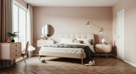 A bedroom with a white bed, a mirror, and a window