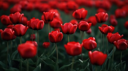 A vibrant field showcases numerous red tulips surrounded by lush green leaves, creating a stunning contrast in nature's palette.
