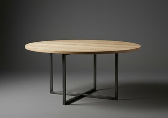 Minimalist round wooden table top, industrial metal base, light wood grain texture, sleek modern design, neutral gray backg round, studio lighting, high contrast