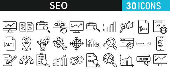 SEO icon set for web. Search Engine Optimization. Graph, traffic, optimization, analysis, target. Search Engine, chart and Marketing icons for web and mobile app.