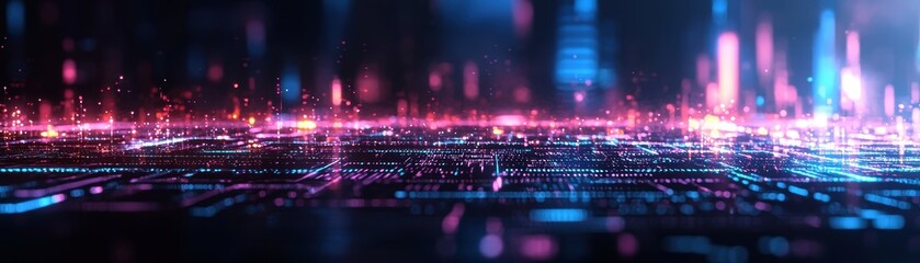 A vibrant digital landscape featuring glowing lines and particles, creating a futuristic and abstract feel with deep blues and bright pinks.