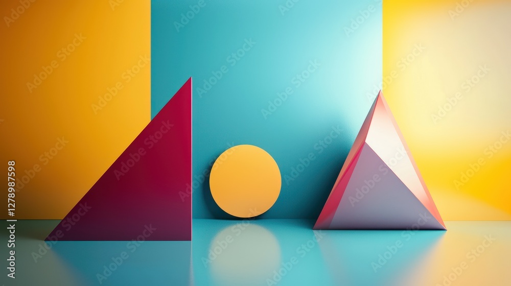 Poster an abstract 3d render with geometric shapes, bright colors, and reflective textures