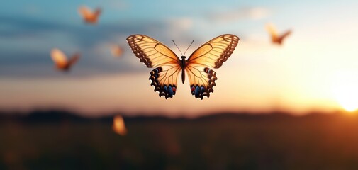 Obraz premium A stunning butterfly flutters against a soft sunset, surrounded by other butterflies, evoking a sense of beauty and freedom in nature.