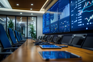 Elegant wooden boardroom featuring advanced technology and digital displays for meetings
