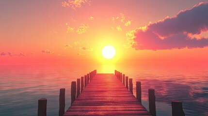 Obraz premium A vibrant sunset casting warm hues over a long wooden pier extending into the calm sea.