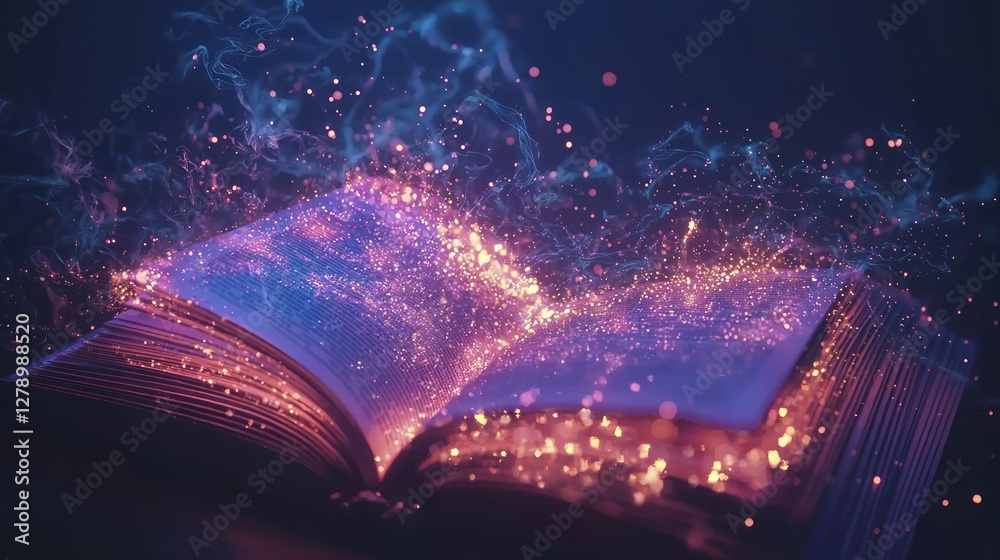 Poster An open 3D book with glowing pages and magical elements emerging from it. 