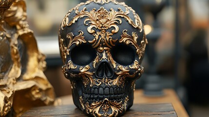 Obraz premium Ornate Skull With Gold Details On A Wooden Surface.