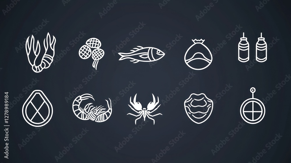 Aufkleber black-and-white line art icons of various seafood items on a transparent background for design use.