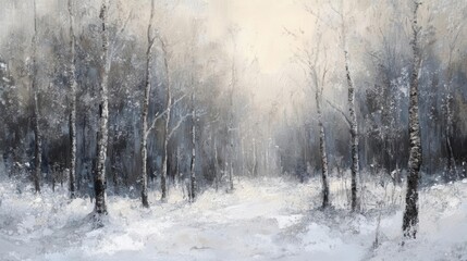 Fototapeta premium Stunning digital oil painting capturing the serene winter solstice in an isolated snowy forest with frosted trees and soft snowfall creating a magical tranquil blizzard landscape
