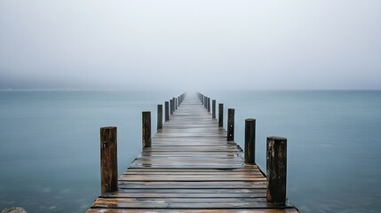Fototapeta premium A wooden pier on a cloudy day, stretching out into the deep gray sea with mist rolling in from the horizon.