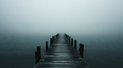 Fototapeta premium A wooden pier on a cloudy day, stretching out into the deep gray sea with mist rolling in from the horizon.