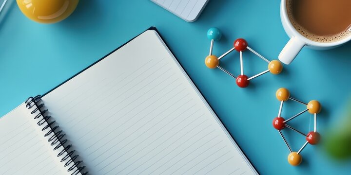A creative flat lay of lab notebooks, molecular models, and a cup of coffee on a desk