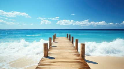 Obraz premium A wooden pier on a peaceful beach, stretching towards the horizon as waves crash gently against the posts.
