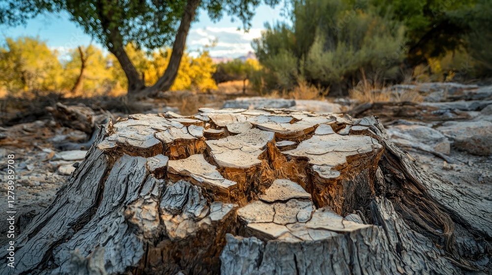 Poster cracked and peeling bark on an ancient tree trunk in a natural setting.