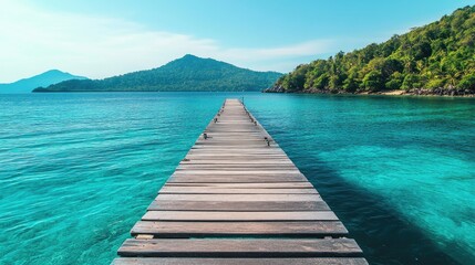 Fototapeta premium A wooden pier stretching into the turquoise sea, with lush green hills visible in the distance under a clear sky.