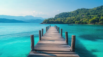 Naklejka premium A wooden pier stretching into the turquoise sea, with lush green hills visible in the distance under a clear sky.
