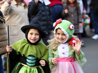 Fototapeta premium Two smiling girls wearing costumes celebrating carnival parade waving at camera