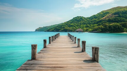Obraz premium A wooden pier stretching into the turquoise sea, with lush green hills visible in the distance under a clear sky.
