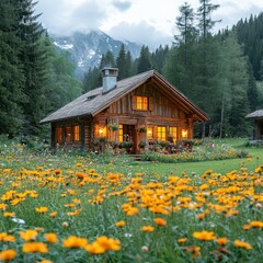 Fototapeta premium Cozy wooden cabin nestled in a vibrant alpine meadow at sunset, surrounded by wildflowers and mountains.