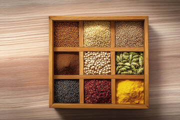 various type of indian spices in wooden box