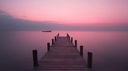 Fototapeta premium A wooden pier stretching over the calm sea, with a distant boat visible on the horizon and the sky turning pink.