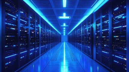 Futuristic server room with glowing blue racks, reflective floors, and advanced technology. Ideal for cybersecurity, cloud computing, and digital infrastructure visuals