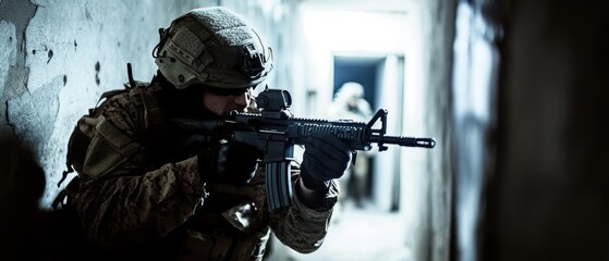 Fototapeta premium A soldier in tactical gear maneuvers through a dim hallway, showcasing focus and intensity in a critical operational scenario.