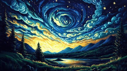 Obraz premium Stunning impressionist landscape artwork featuring a starry sky.