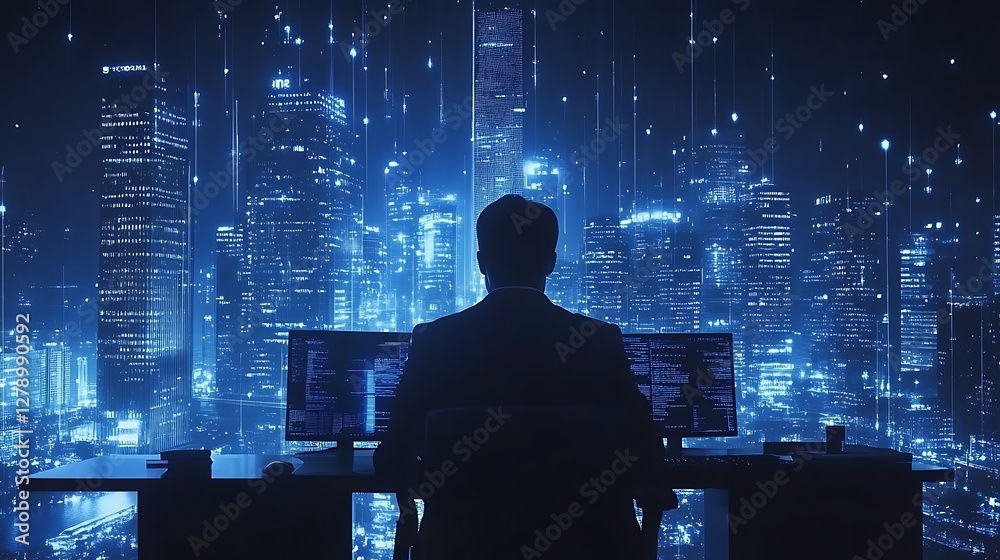 Wall mural coder, night city, data streams, work