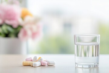 Glass of Water with Medicine Pills on Table in Bright Room