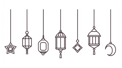 Set of simple - lined hanging decorations for Ramadan, featuring stars, lanterns in various styles, and a crescent moon. 