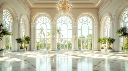 Naklejka premium Grand Islamic Architecture with Arched Hall & Chandeliers – Perfect for Interior Design, Cultural, and Luxury Branding, architectural showcases, luxury branding, cultural promotions, travel marketing,