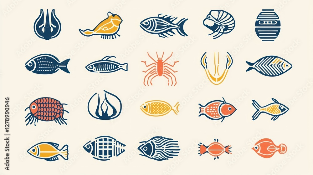 Poster minimalist seafood icons with geometric designs for use in digital applications or branding