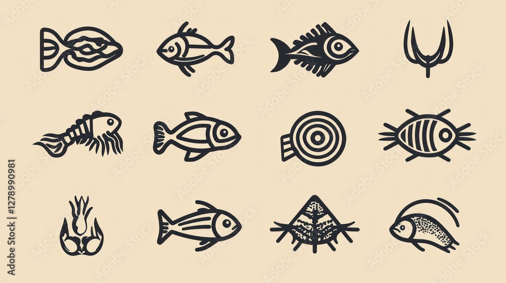 Poster minimalist seafood icons with geometric designs for use in digital applications or branding