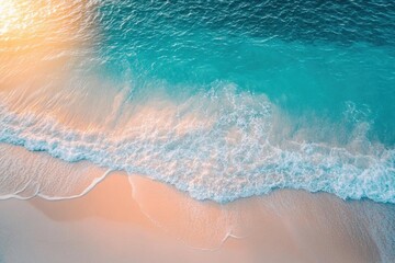 Tranquil Turquoise Ocean Waters Meeting White Sandy Beach at Sunset with Gentle Waves Creating Perfect Serenity