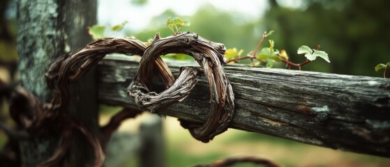 Fototapeta premium Ancient vines entwine with a weathered wooden fence, symbolizing resilience and the passage of time in a green landscape.