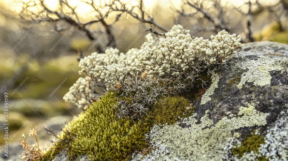 Poster moss and lichen growing on the rough bark of a forest tree.