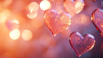 Obraz premium Glowing Hearts Hanging Against a Warm Bokeh Background