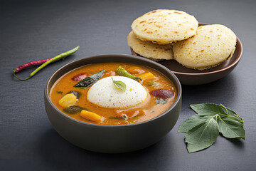 food photography of South Indian sambar with idli and vada on the side, dark grey background