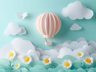 Poster Summer country landscape with flowers and air balloon in paper quilling art.