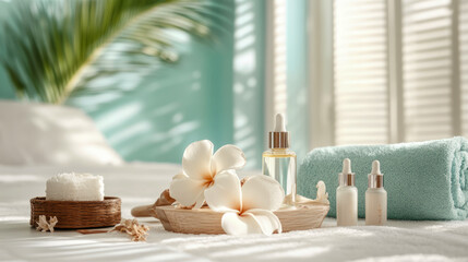 Spa Getaway: Aromatic essence and frangipani blossoms for skin care. Design for print, card, poster. Concept: Wellness. Holiday: Mother's day.
