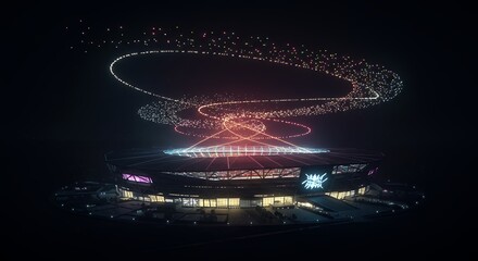 Illuminated Stadium with Drone Display at Night for Event Celebration